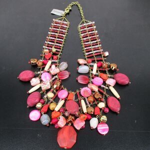 NWT Chicos Boho Statement Necklace Pink Coral Red Glass Stone Wood Beaded Bib